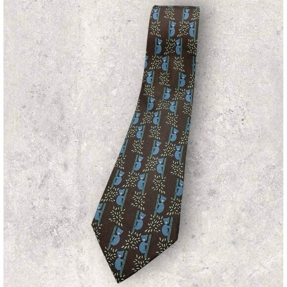 HERMÈS 7282 MA Silk Tie FRANCE Brown Blue Koala Tree W:3.4" EUC - Picture 1 of 6